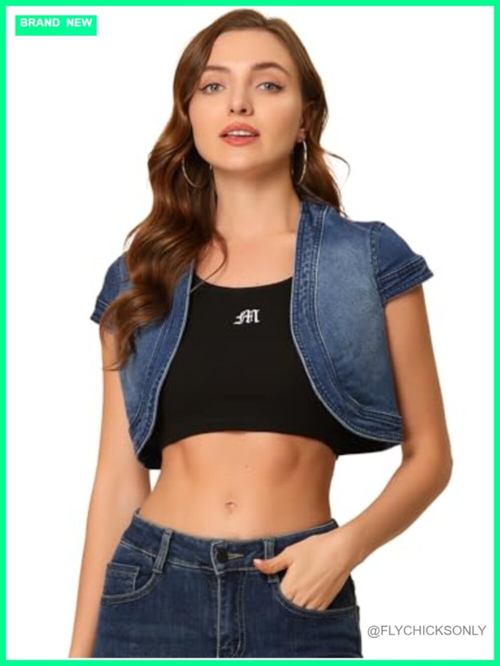 Cropped Denim Jacket Cap Sleeve Open Front Casual Summer Shrug